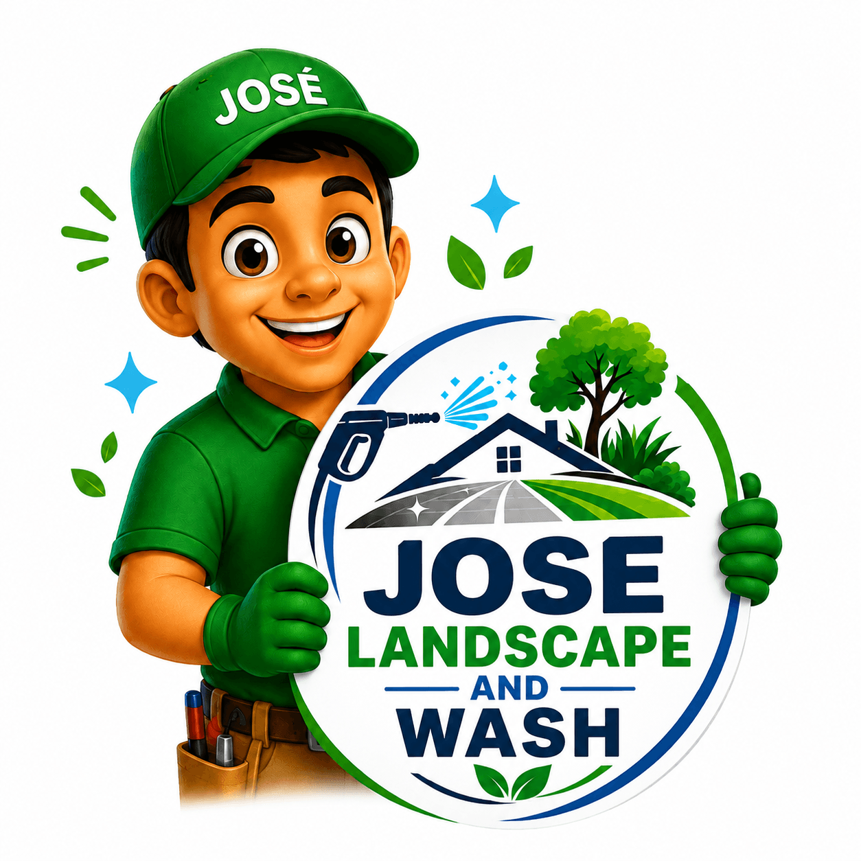 Smiling man in green uniform holding a Jose Landscape and Wash business logo.